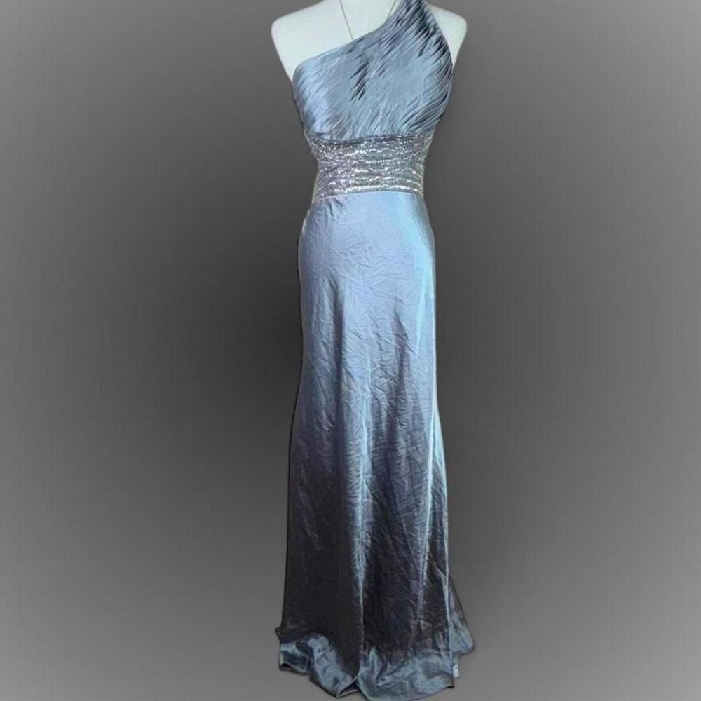 Vintage silver one shoulder satin maxi dress open back prom formal gown